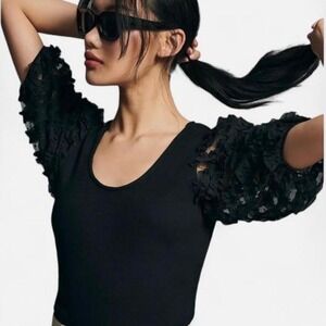 Anthropologie Dolan Left Coast Collection Black Ruffle Puff Sleeve Ribbed Top Lg